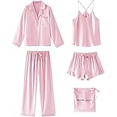 SAPJON Satin Silk Pajamas for Women Set 5PCS Classic Button Down Pajamas Top and Pants Cami and Ruffle Shorts Sleepwear