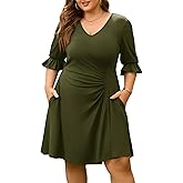 Baosuu Women's Plus Size Dress V-Neck 3/4 Bell Sleeve Ruched Waist Flowy Midi Cocktail Party Casual Dress