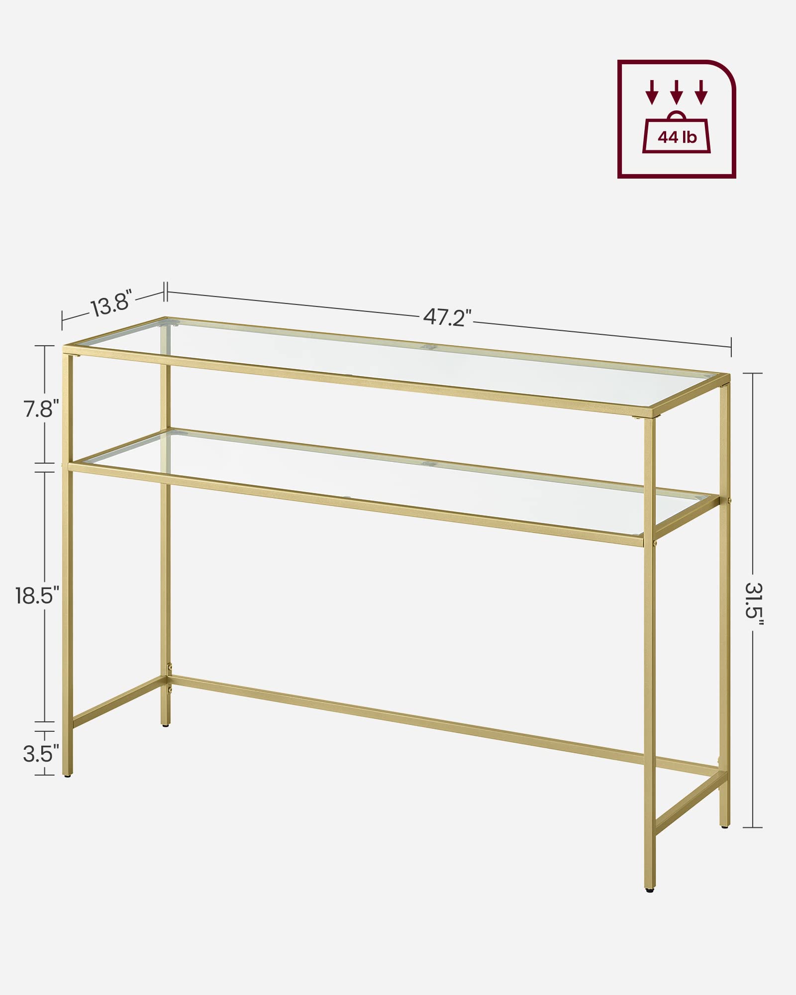 47.2 Inch Console Sofa Table, Modern Entryway Table, Tempered Glass Table, Metal Frame, 2 Shelves, Adjustable Feet, for Living Room, Hallway, Gold Color ULGT045A61 VASAGLE 47.2 Inch Console Sofa Table, Modern Entryway Table, Tempered Glass Table, Metal Frame, 2 Shelves, Adjustable Feet, for Living Room, Hallway, Gold Color ULGT045A61
