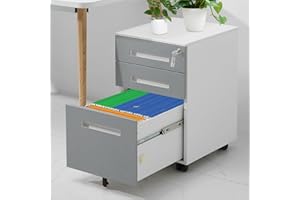 GOOGIC 3-Drawer Mobile File Cabinets, Rolling Metal Vertical Filing Cabinet for Legal & Letter File Anti-tilt Design with Lock Fully Assembled Except Wheel, Gray&White(Style 3)