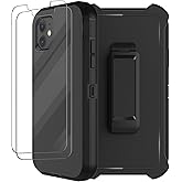 RubCase for iPhone 12 Case, iPhone 12 Pro Case with Belt Clip Holster, 2X Screen Protector, Heavy Duty Military Grade Full Body Shockproof Rugged Protective Cover for iPhone 12/12 Pro Black
