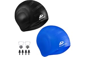 ALEPO 2 Pack Unisex Swim Caps with 3D Ear Protection, Durable Flexible Silicone Swimming Hats for Women Men Kids Adults, Bathing Swimming Caps for Short/Long Hair with Ear Plugs&Nose Clip
