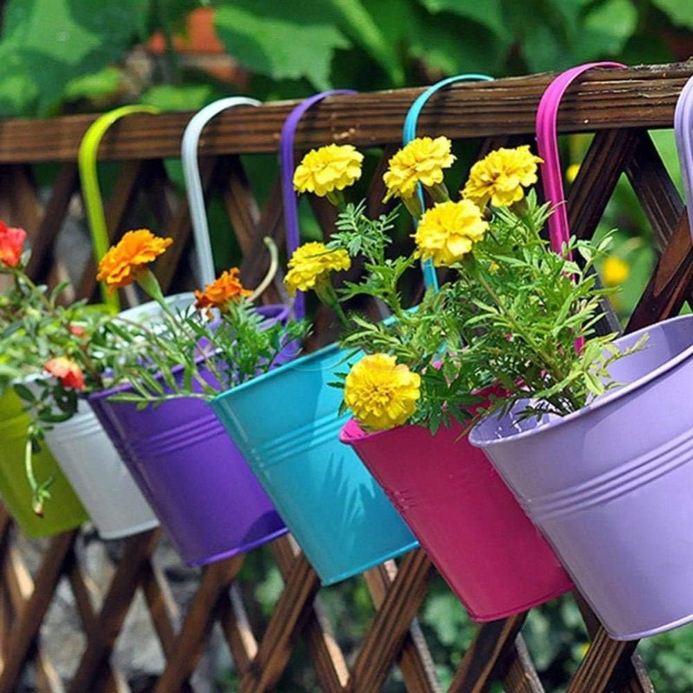 LOVOUS 6.1" x 4.5" x 5.7" Large Iron Hanging Planters Multicolor Flower Pots Balcony Garden Railing Planter, Fence Hanging Metal Bucket Plants Holders Set for Indoor and Outdoor, 8PCS: Home & Kitchen