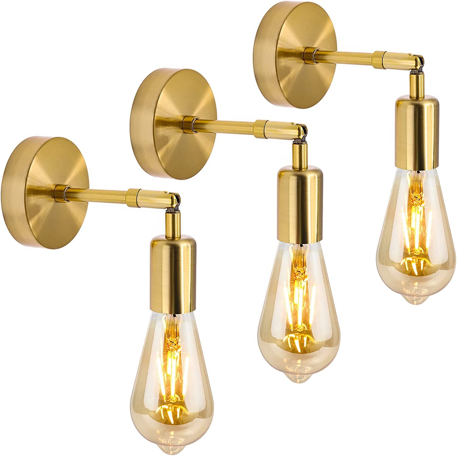 Gold Wall Sconces E27 Vanity Wall Lights Industrial Wall Mount Lighting Fixtures Rotatable for Bedroom Living Room(No Bulbs), 3PCS