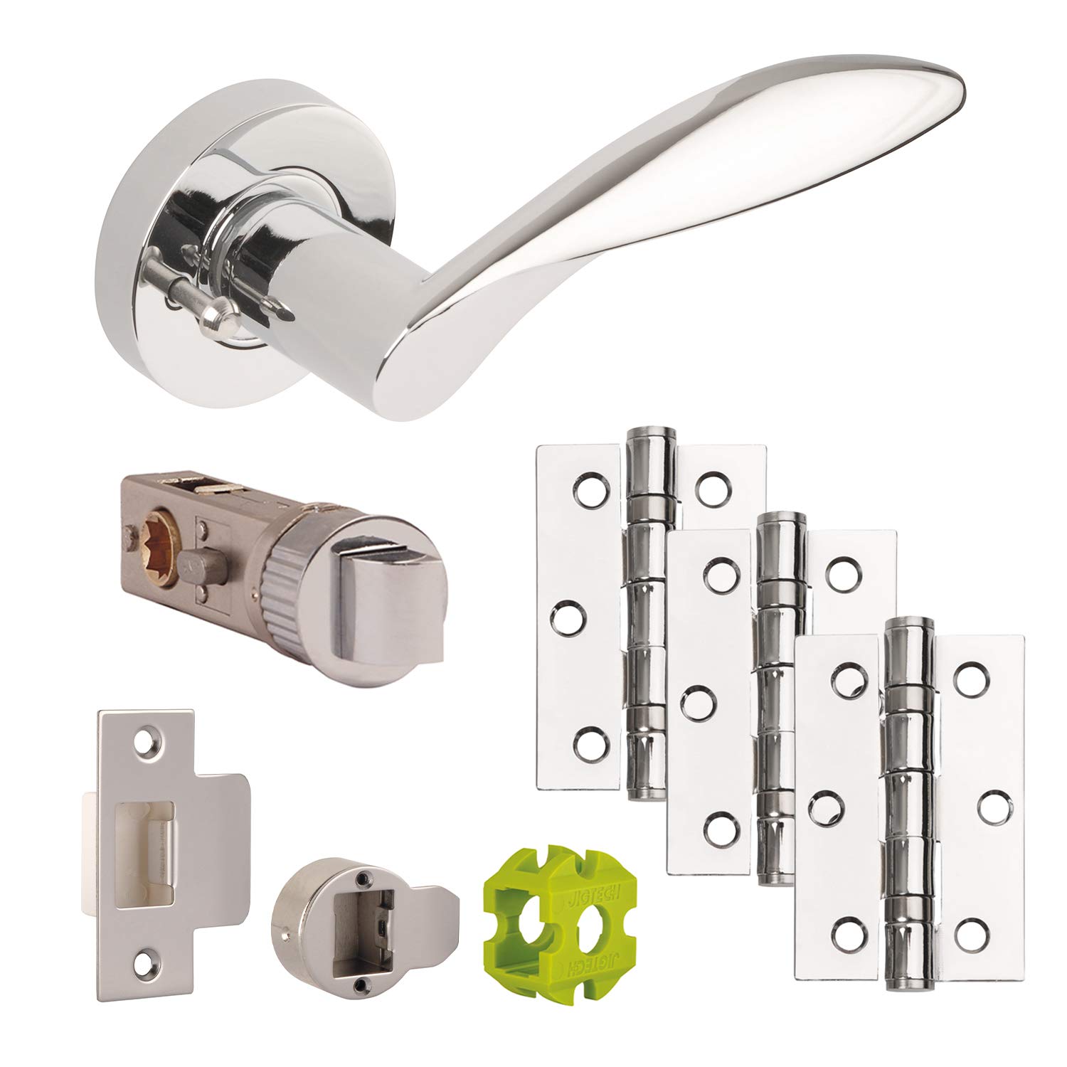 JIGTECH JTB82000 CRESTA PRIVACY Door Pack,Stylish Satin Chrome/Polished Chrome Plated Levers on round roses,hinges,and CE smart privacy Latch, perfect for use in residential or commercial environments
