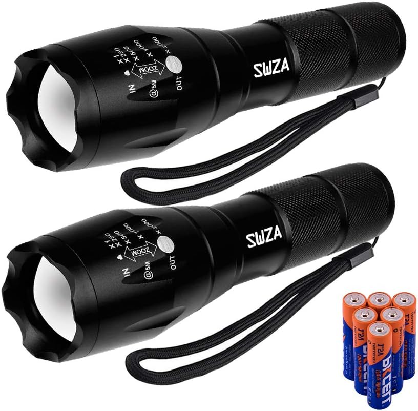 2pcs Tactical Flashlight SWZA LED Flashlight Ultra Bright Tac Light Torch Water Resistant with 5 Modes and Zoom Function 6pcs AAA Batteries included