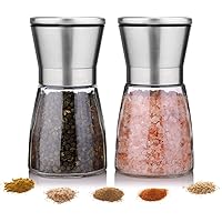 2PCS Salt and Pepper Shakers Grinders Set Refillable Stainless Steel,Adjustable Coarseness Mills Glass Material to…