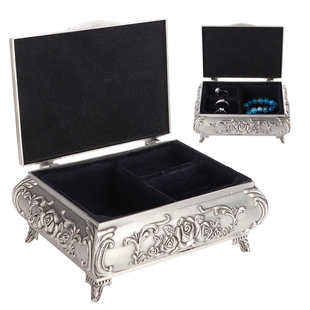Metallic Flowers Antique Jewelry Box, Jewelry Flower Carved Crown Design Antique Style Princess Makeup Organizer for Storage Ring Christmas Birthday Gift(12.5 * 9.5 * 5.5)