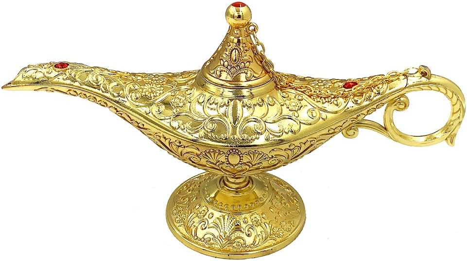 Vintage Aladdin Magic Genie Lamp Incense Burners Metal Carved Wishing Light for Home Tabletop Decoration, Party, Birthday Delicate Gift (Gold)