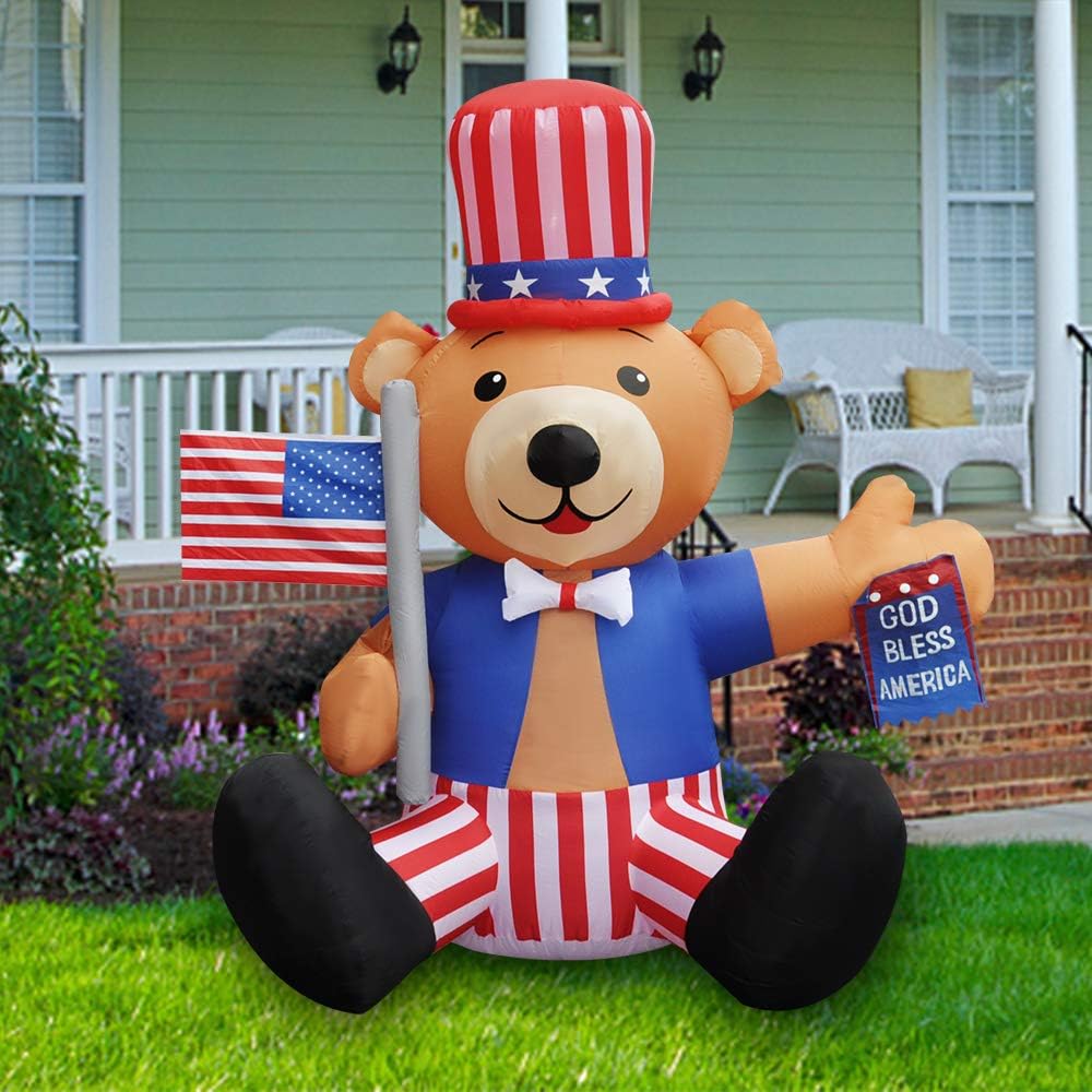 BLOWOUT FUN 6ft Tall Patriotic Independence Day 4th of July Inflatable Cute Bear with God Bless America Flag LED Blow Up Lighted Decor Indoor Outdoor Holiday Art Decor Decorations