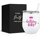 Your Dream Party Shop Birthday Girl Insulated Wine Tumbler, 12oz - White Stainless Steel Cup for Women’s Celebrations - Birthday Tumbler For Women