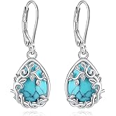 Vito 925 Sterling Silver Teardrop Earrings for Women, Moonstone Turquoise Drop Dangle Earrings Cat Snake Turtle Tree of Life Leverback Earrings Boho Jewelry Gift for Mom Wife