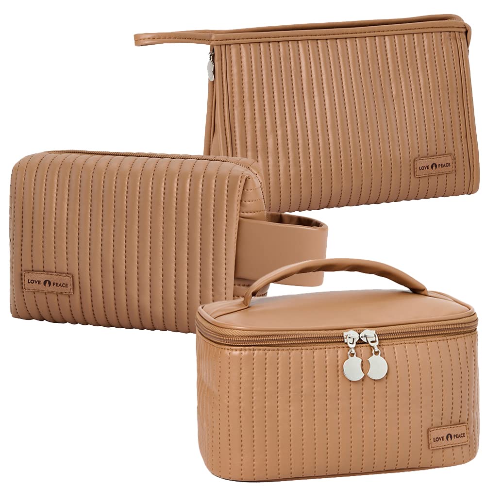 Linpr Makeup Bag 3 Pcs Cosmetic Bags Set, PU Striped Leather Toiletry Bag, Portable Waterproof Travel Makeup Organizer, Cute Make up Bags for Women and Girls (Coffee)