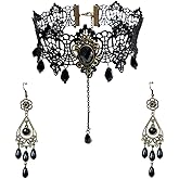 Youniker Choker Necklace for Women Gothic Black Lace Necklace Earrings Sets for Halloween Steampunk Costume Party Punk Vintage Lolita Victorian Choker Pendant Collar