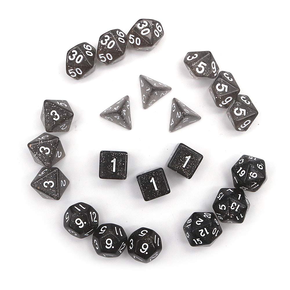 DollaTek Glitter Point Polyhedral Dice Set Table Games Dice 3 Sets Dice 3 x 7 (21 Pieces) Die Series D20 D12 D10 D8 D6 D4 DND RPG MTG Double Colors One Piece (Black)