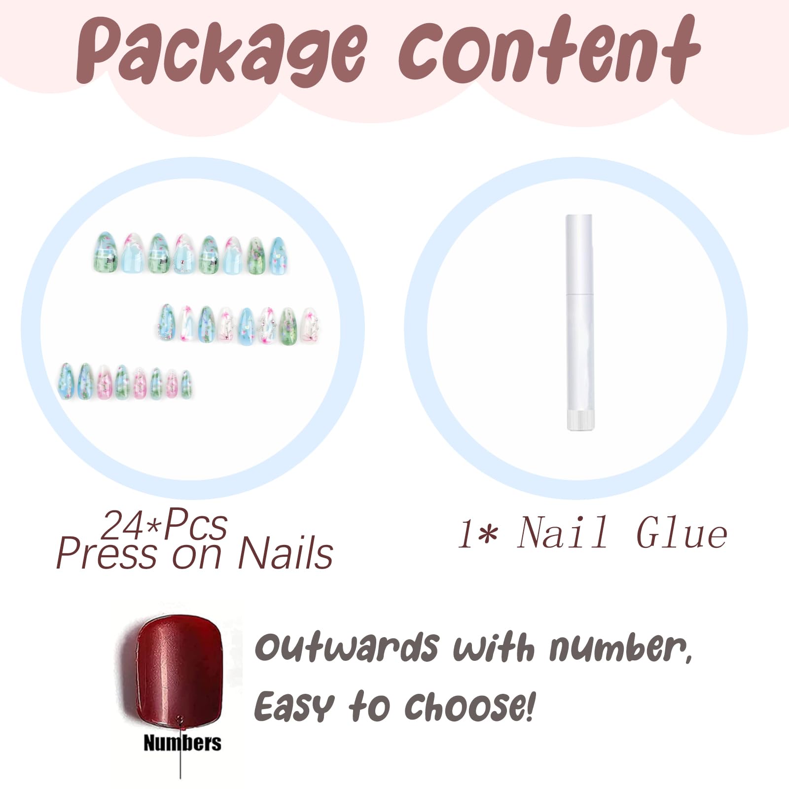 BABALAL Almond Press on Nails Medium Blue Green Fake Nails Bow Glue on Nails Cute Cat Flower Design Acrylic Nails 24Pcs Stiletto Handmade Full Cover False Nails - Image 5