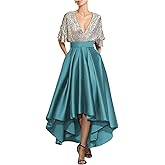 Caodip Sequin Prom Dress for Women Short Sleeve Satin Tea Length Formal Evening Gowns V Neck A Line Wedding Guest Dress