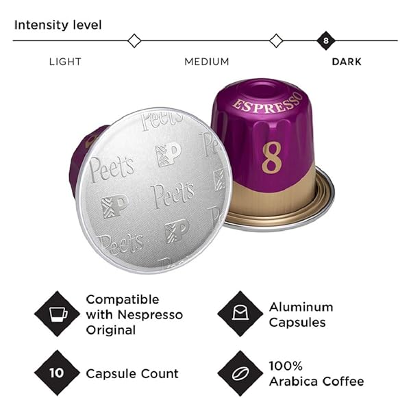 PEET’S COFFEE, MEDIUM ROAST ESPRESSO CAPSULES, COMPATIBLE WITH NESPRESSO ORIGINAL MACHINE, 100% ARABICA COFFEE – RICCHEZZA INTENSITY 8, 10 COUNT (1 BOX OF 10 ESPRESSO CAPSULES)