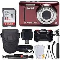 Kodak PIXPRO FZ53 16.15MP Digital Camera (Red) + 32GB Memory Card + Point and Shoot Camera Case + Extendable Monopod…