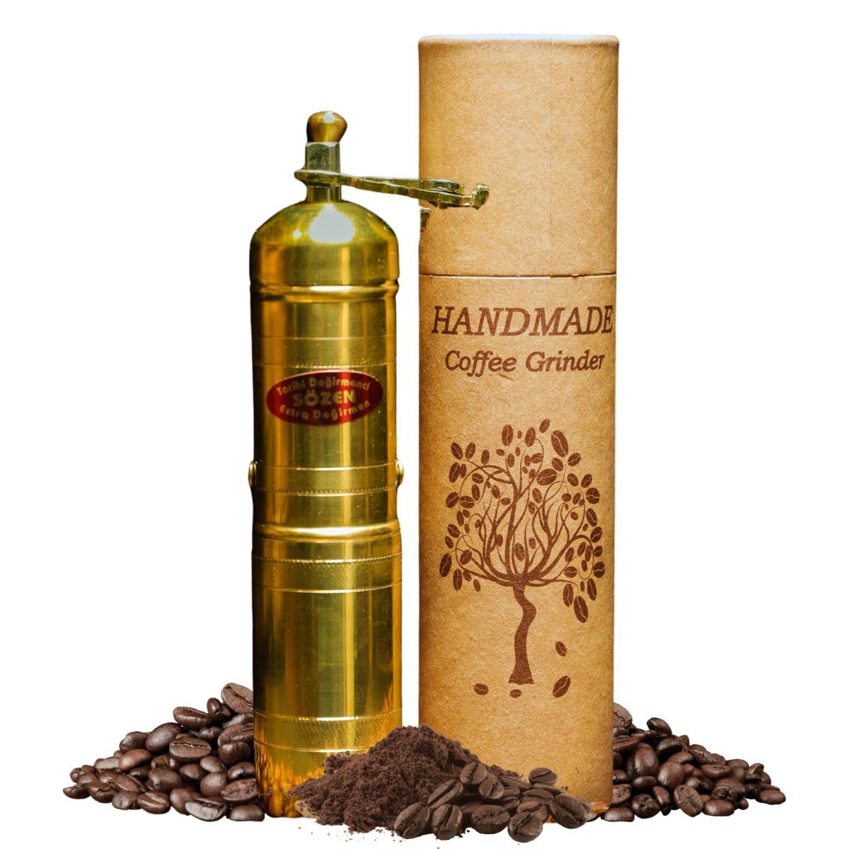 Sozen 7" Handmade Manual Brass Coffee Mill Grinder, Adjustable Portable Conical Burr Mill, Hand Crank Grinder for Turkish Coffee