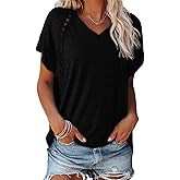 EVALESS Womens Fashion Oversized Summer Tops Casual Short Sleeve V Neck Lace Patchwork Shirts 2026 Basic T-Shirts Tee Blouses