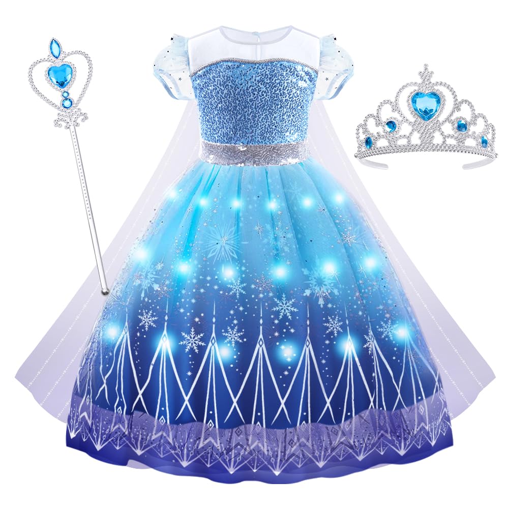 AUYAO Light up Princess Dress for Girls, Kids Dress Up Princess Blue Costumes, Ice and Snow Princess Dress, Princess Fancy Dressing up for Party Halloween Christmas Carnival Costumes Outfits Aged 6-7