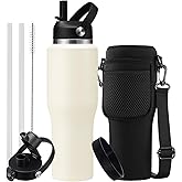 32/40 OZ Water Bottle with Carrying Case, Stainless Steel Insulated Bottle with Lid and Straw, Double Wall Vacuum Thermal Cup Fit in Car Cup Holder for Travel Drive
