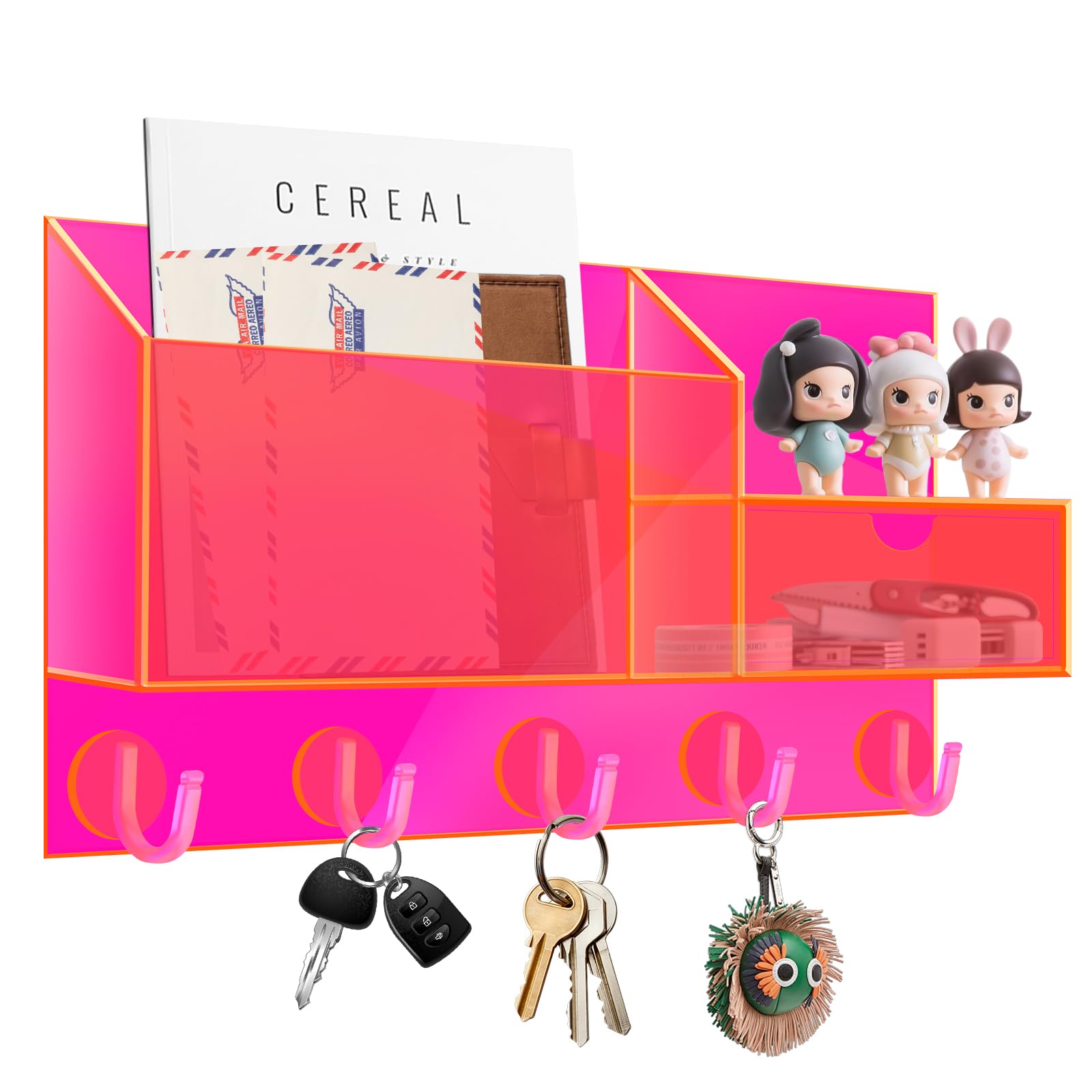 Photo 1 of ***key holder hook pieces broken****
HappyDino Acrylic Key Holder Wall Mount Mail Organizer for Wall with Shelf Storage Drawer and 5 Hooks, Neon Pink