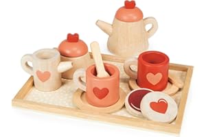 Mentari Toys - Tea Time Tray Set - Wooden Pink Teapot, Cups and Trays for Pretend Afternoon Tea Party - Social, Creative, and Imaginative Development - Learning Role Play - Age 3+