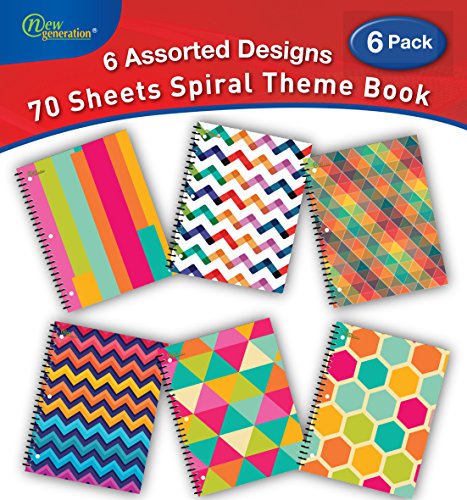 New Generation - Pattern - 1 Subject 70 Sheets 8" x 10.5" wirebound Spiral Notebook , 6 PACK,COLLEGE Ruled , Heavy Duty UV Laminated covers ,3 Hole Punch , 6 Assorted fashionable Notebooks per Pack