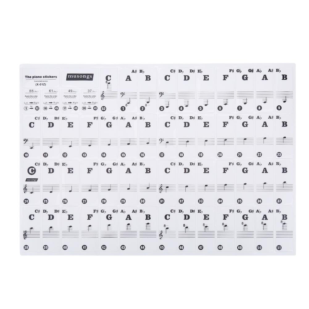 Piano Sticker, Removable Transparent Removable Piano Keyboard Stickers for 61/88 Key Pianos (Black)