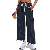 Fisoew Womens Baggy Wide Leg Pants Casual Elastic Waist Drawstring Hiking Workout Cropped Track Pants with Pockets