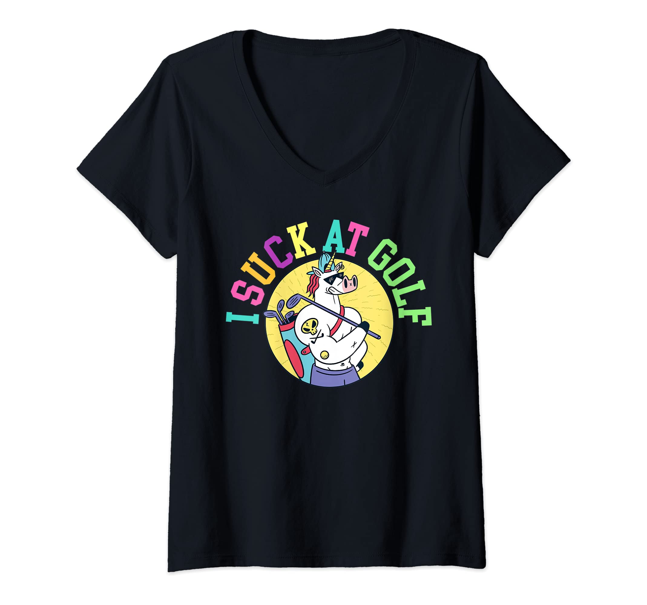 Womens I Suck At Golf Unicorn Ball Swing Golfing Course Sports Golf V-Neck T-Shirt