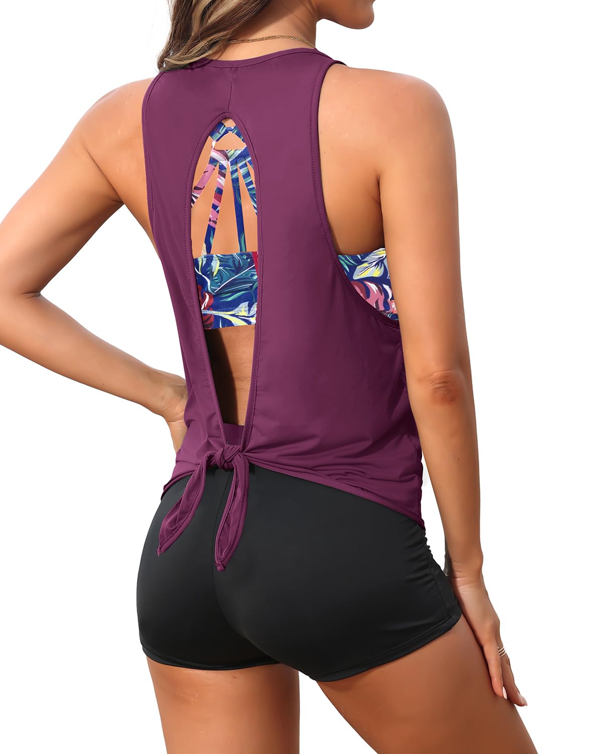 Photo 1 of Aqua Eve 3 Piece Tankini Swimsuit for Women Tank Bathing Suit with Shorts Open Back Athletic Swimwear Purple Leaves M
