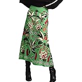 Women's Boho Rose Red Midi Skirt Fun Tropical Plant Print Flowy A Line Summer Skirt(Green,S)