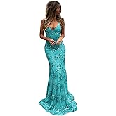 MUFRZE Laces Sequin Long Prom Dress for Women Spaghetti Strap Cocktail Party Dress Glitter V Neck Evening Formal Gown
