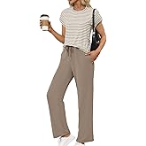 Glamaker Women's 2 Piece Sets Striped Summer Outfits Short Sleeve Shirts Wide Leg Pants Casual Lounge Sweatsuits