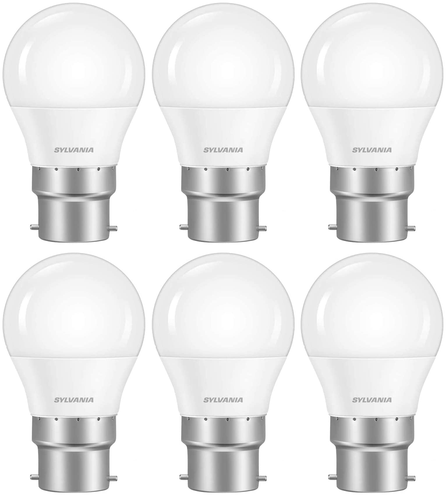SYLVANIA G45 Mini Globe Frosted LED Light Bulb, Dimmable, B22, 5.6W, 470 Lumens, Warm White 2700K - 6 Pack