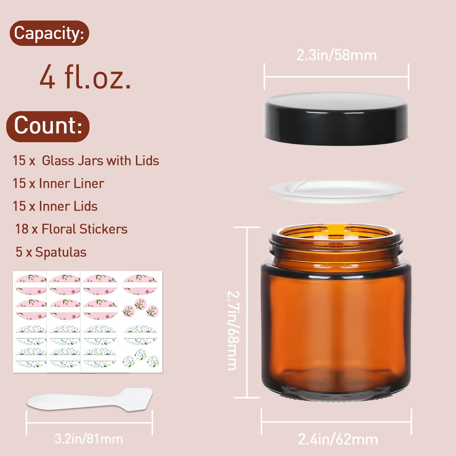 Keketin 4 oz Amber Glass Jars,15 Pack Empty Cosmetic Containers with Inner Liners and Black Lids,Refillable Round Cream Jars for Lotion,Bath Salts,Travel