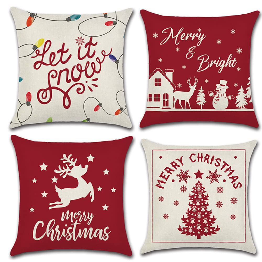 COWORK Set of 4 Christmas Cushion Cover Cotton Linen Throw Pillow Case Decorative Square Sofa Pillowcase for Home Xmas Decor Favor, 18 x 18 inch / 45 x 45 cm with Invisible Zipper
