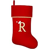 Personalized Christmas Stockings with Initials, 20 Inches Large Red Velvet Embroidered Monogram Xmas Stocking for Family Holiday Party Gifts Fireplace Decor(Letter R)