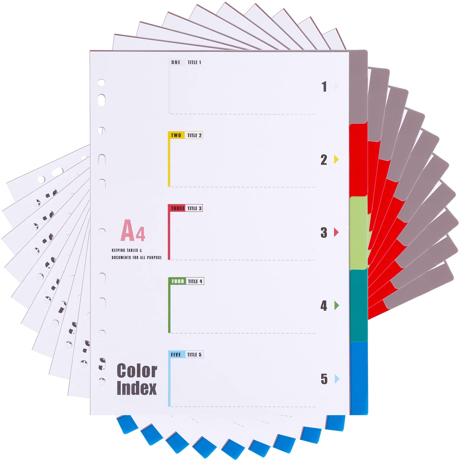 [10 Pack] A4 File Dividers Index 5 Part, Multi-Colour Tabs A4 Plastic Subject Dividers Pre-Punched 11-Hole for Office School Home