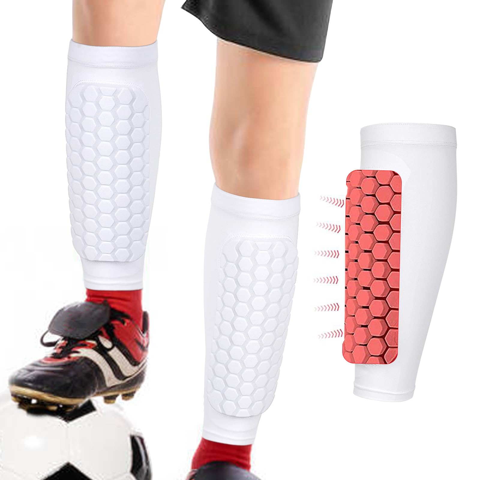 Linkidea HoneycombFootballShin Guard for Kids Youth, Lightweight Football Shin Pad Sleeve, Breathable and Easy to Put OnFootballProtective Leg Pads (1 Pair / White, XS)