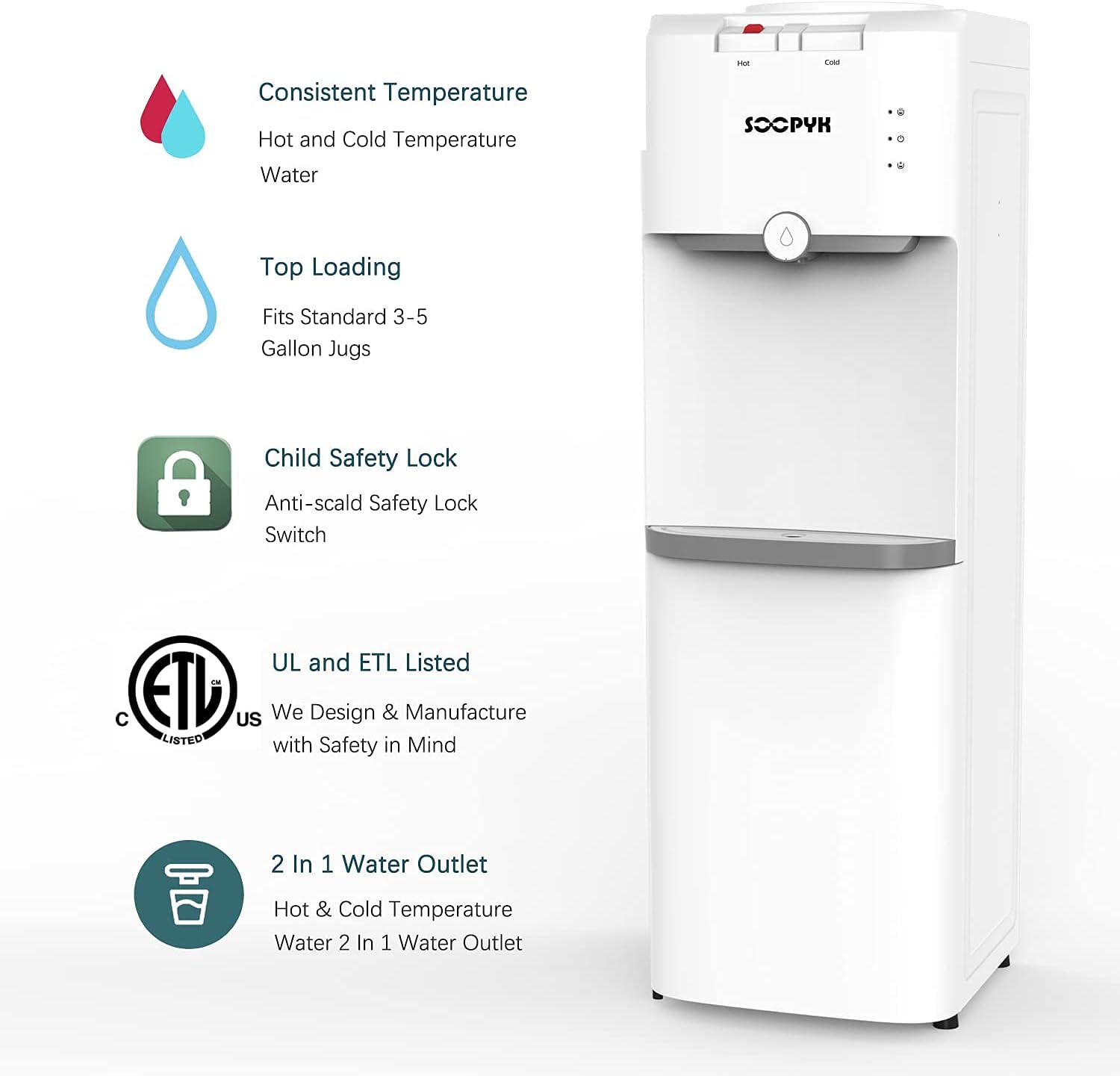 SOOPYK Top Loading Water Dispenser Water Cooler 5 Gallon Hot and Cold Water Dispenser | Child Safety Lock and Storage Cabinet for Home Office Use, White: Kitchen & Dining