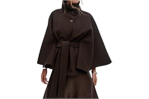 Women Batwing Sleeve Ponchos Pea Coat, Cropped Jacket Women Dressy Funnel Neck Jacket Winter Blazers with Waist Tie