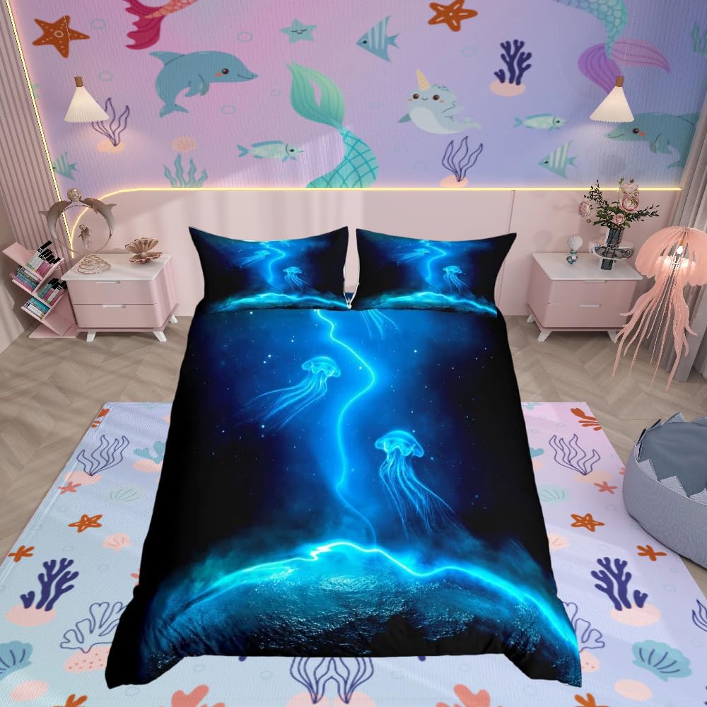 Loussiesd Jellyfish Duvet Cover Ocean Creature Bedding Set Sea Underwater World Comforter Cover for Boys Girls Teens Galaxy Bedroom Decor Marine Sealife Bedspread Cover King Size With 2 Pillow Case — image 1