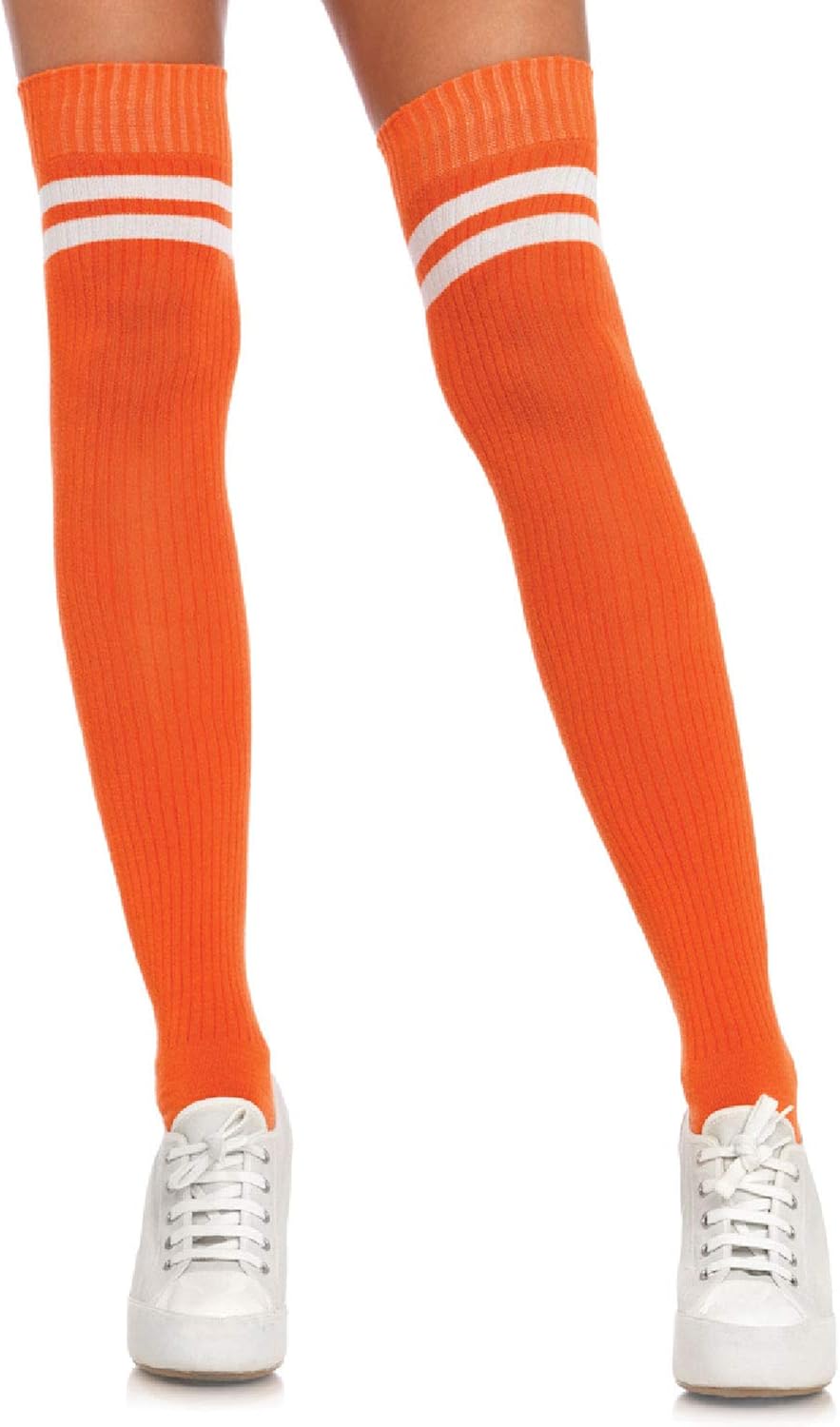 Leg Avenue Women's Ribbed Athletic Thigh High Socks, White/Orange, One Size: Clothing