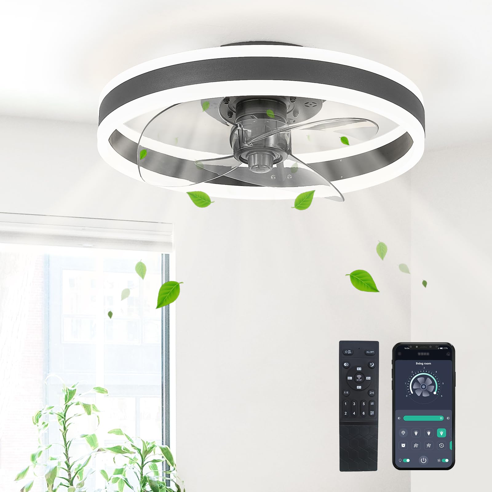 Photo 1 of SAMPHON Ceiling Fans with Lights and Remote, 15.7'' Low Profile Ceiling Fan, 3000K-6000K Ceiling Light, 6 Wind Speeds, Fandelier LED Lights for Bedroom Living Room