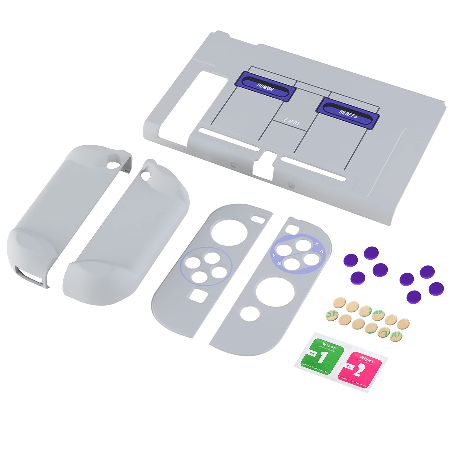 eXtremeRate PlayVital Back Cover for Nintendo Switch Console, NS Joycon Handheld Controller Protector Hard Shell, Dockable Protective Case with Purple ABXY Direction Button Caps - Classics SNES Style
