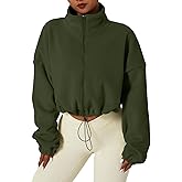 QINSEN Women's Full Zip Fleece Short Jacket Warm Winter Long Sleeve Stand Collar Sherpa Crop Coat